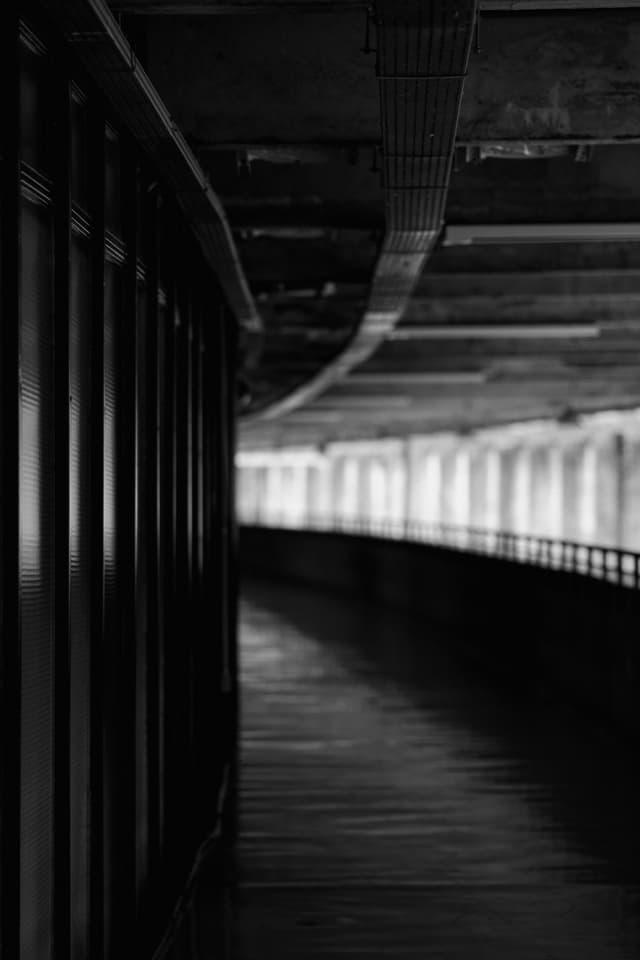 A black and white photo of a dimly lit, curved corridor with a series of vertical beams on the left and a ceiling with visible structural elements