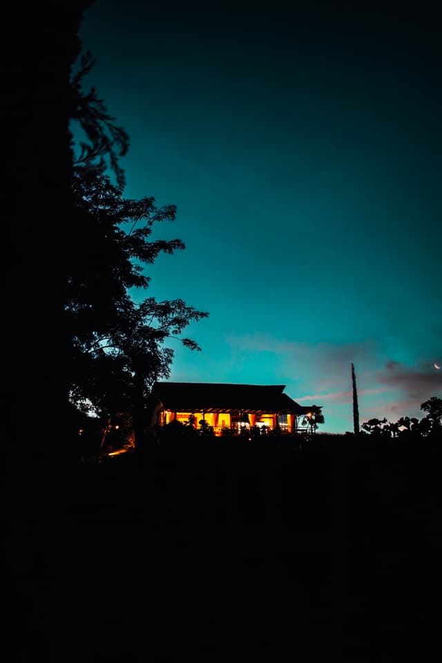 A silhouette of a house with warm lights inside, set against a twilight sky with trees framing the scene